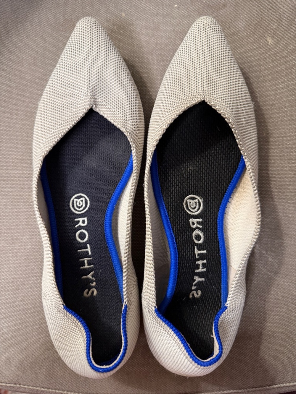 Rothy's Pointed Knit Flats in Light Gray with Blue Trim